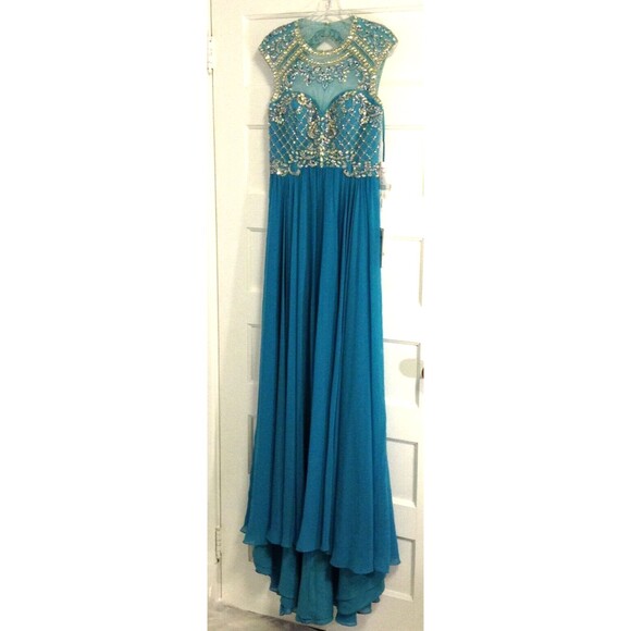 Vtg Ball Gown Dress 8 Turquoise Beaded Sequin Maxi Regency Prom Formal Princess - Picture 2 of 16